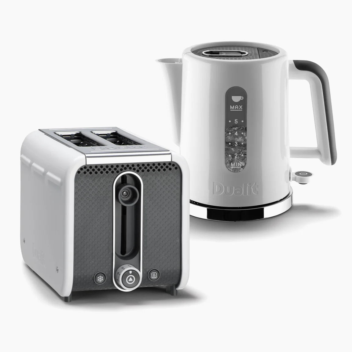 White 2-slice toaster with dark front next to white electric kettle