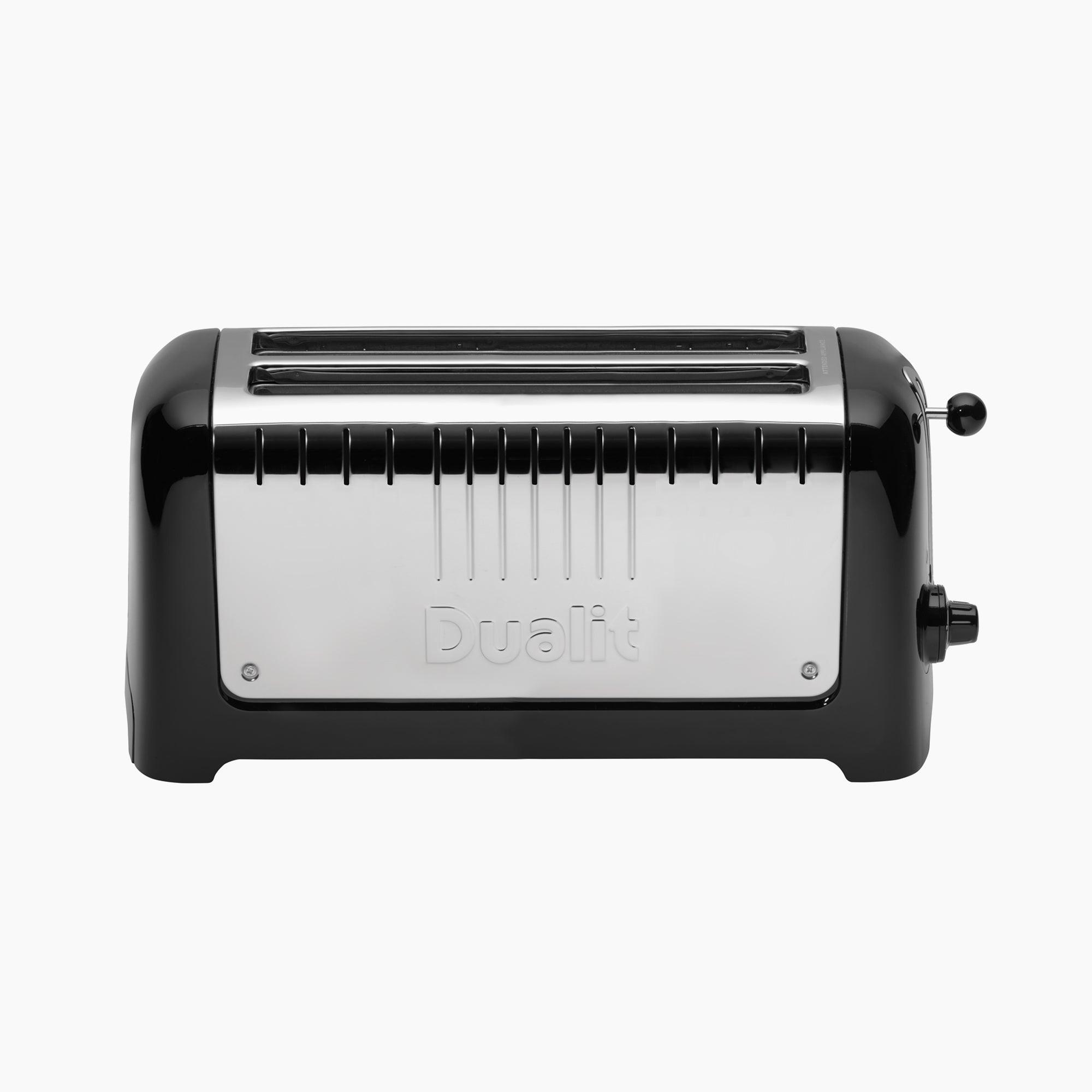 Black long-slot toaster with chrome top bar and front control knobs