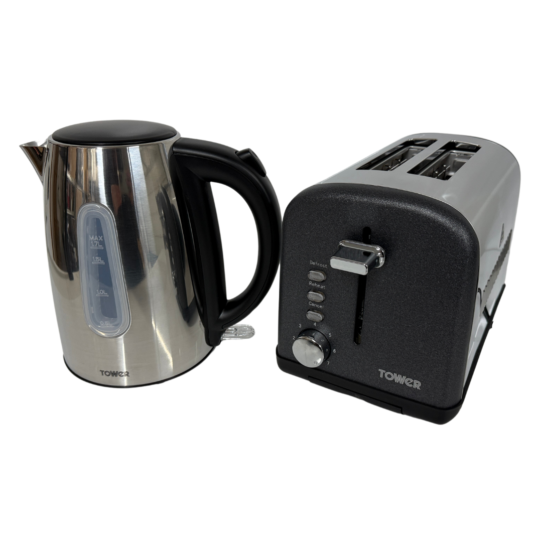 Tower Infinity Polished Steel Kettle & 2 Slice Toaster Matching Black Sparkle Glitz Set