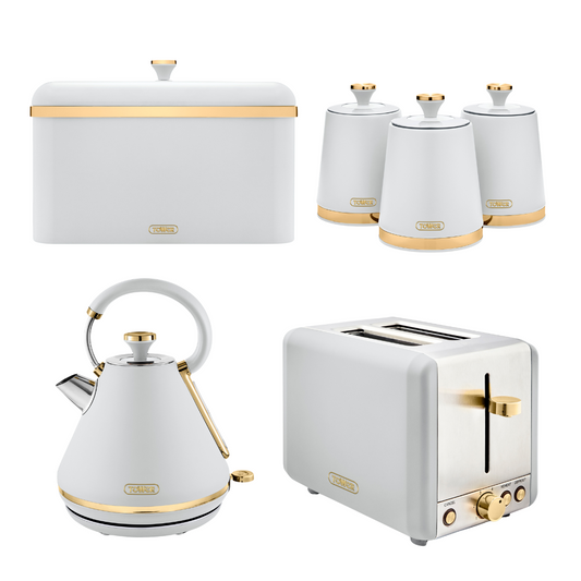 Tower Cavaletto White Kitchen Set including Kettle, Toaster, Bread Bin and Canisters