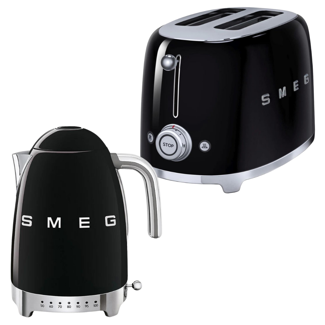 SMEG Black Kettle & 2 Slice Toaster Temperature Controlled Kitchen Set