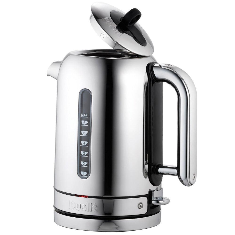 Stainless steel electric kettle with handle, spout, and water level markings