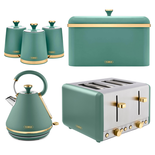 Tower Cavaletto Jade Green Kitchen Set - Kettle, Toaster, Bread Bin, Canisters