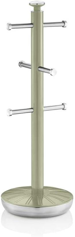 Green towel pole and mug tree with four hook bars and round weighted base