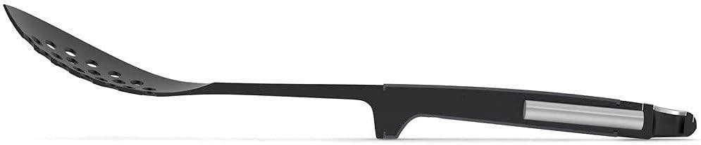 Slotted cooking spoon with perforated head and dark gray handle