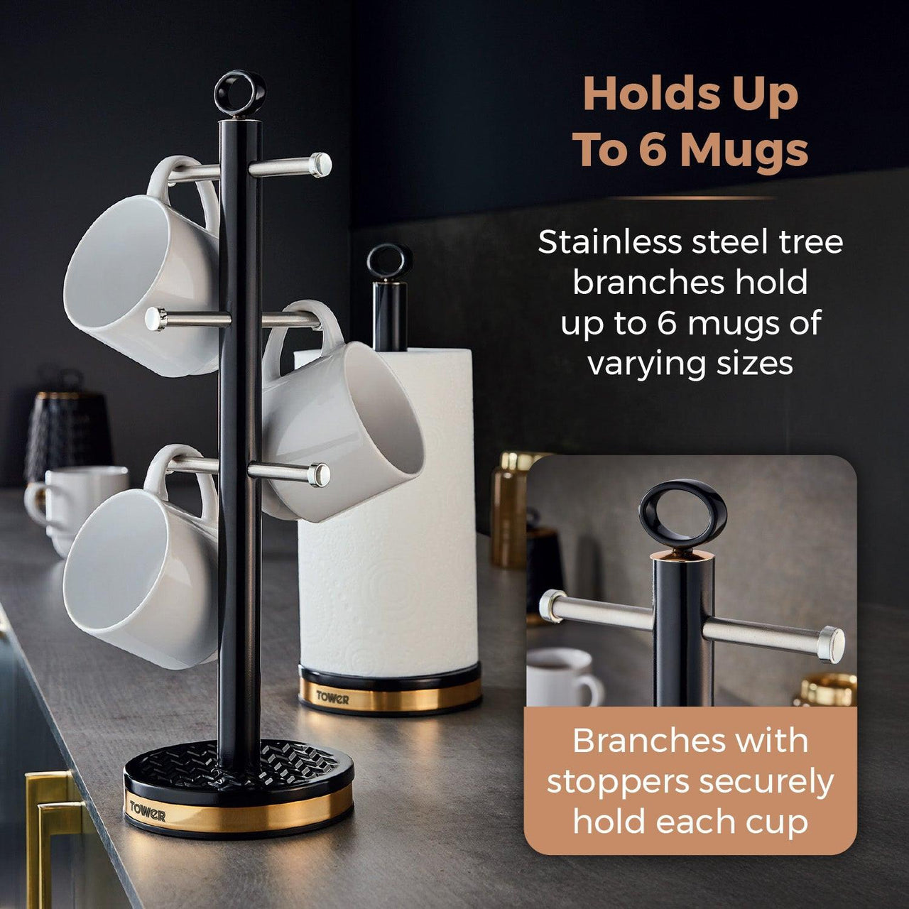 Black mug tree with towel roll holder and anti-slip base, holds up to 6 mugs