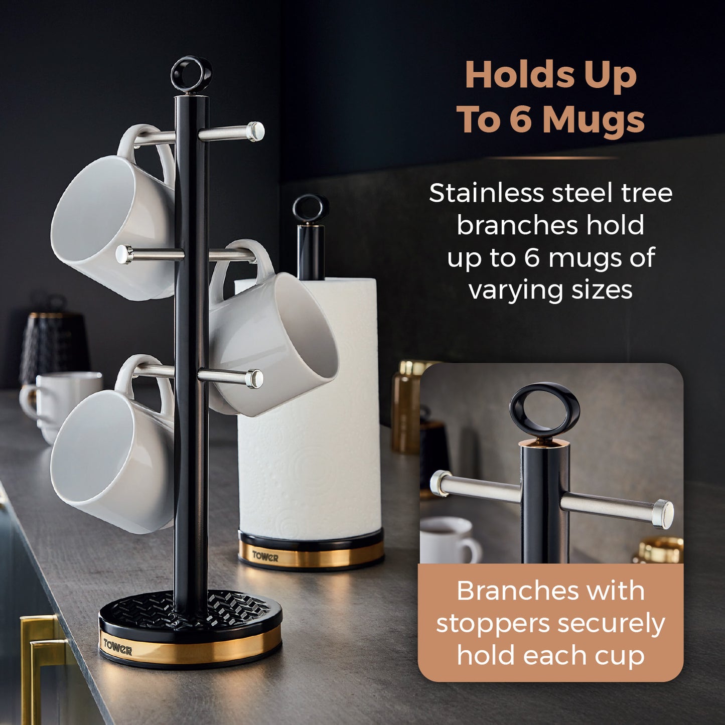 Tower Empire Mug Tree & Towel Pole Kitchen Set T826092BLK (Black)