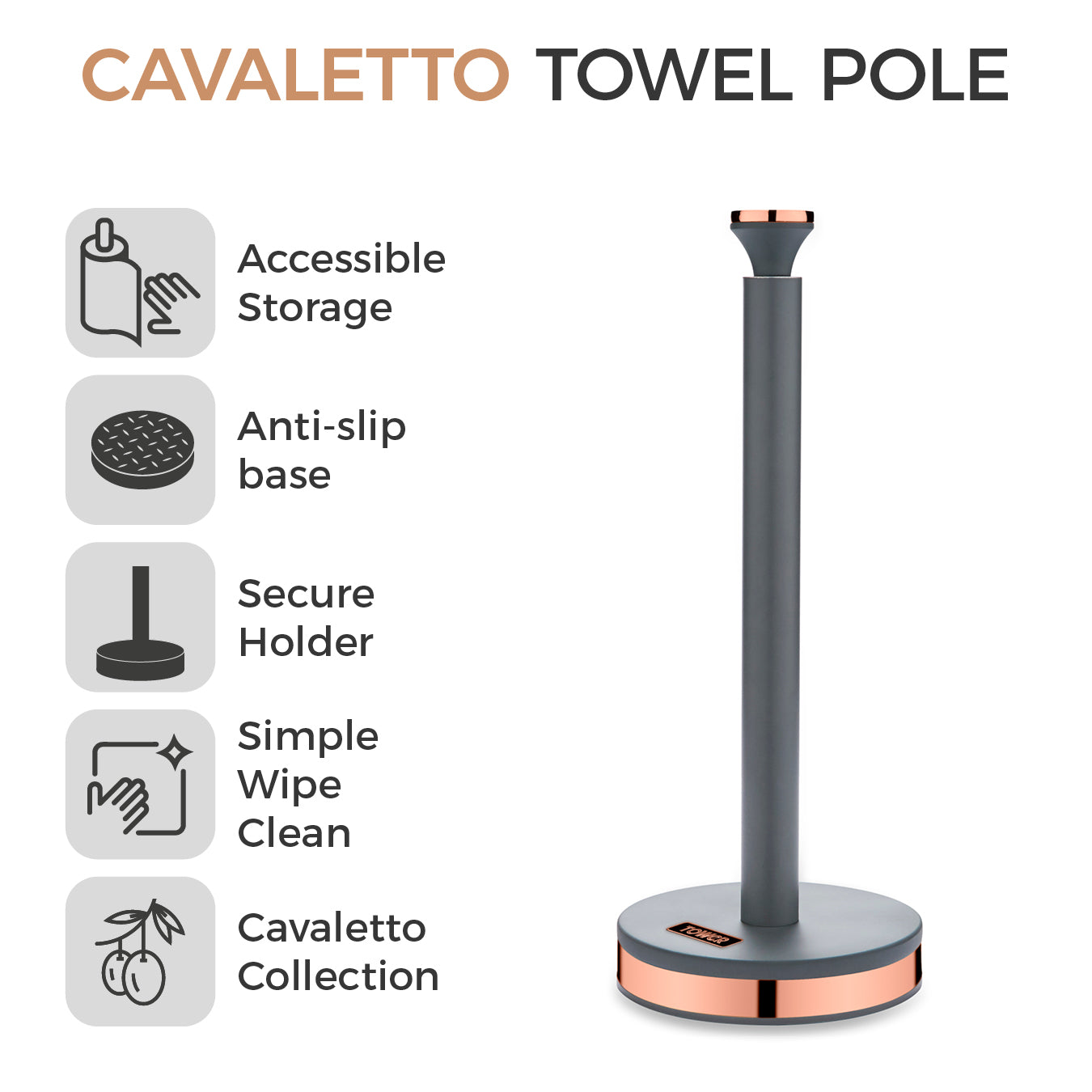 Tower Cavaletto Towel Pole Kitchen Roll Holder T826133GRY (Grey)