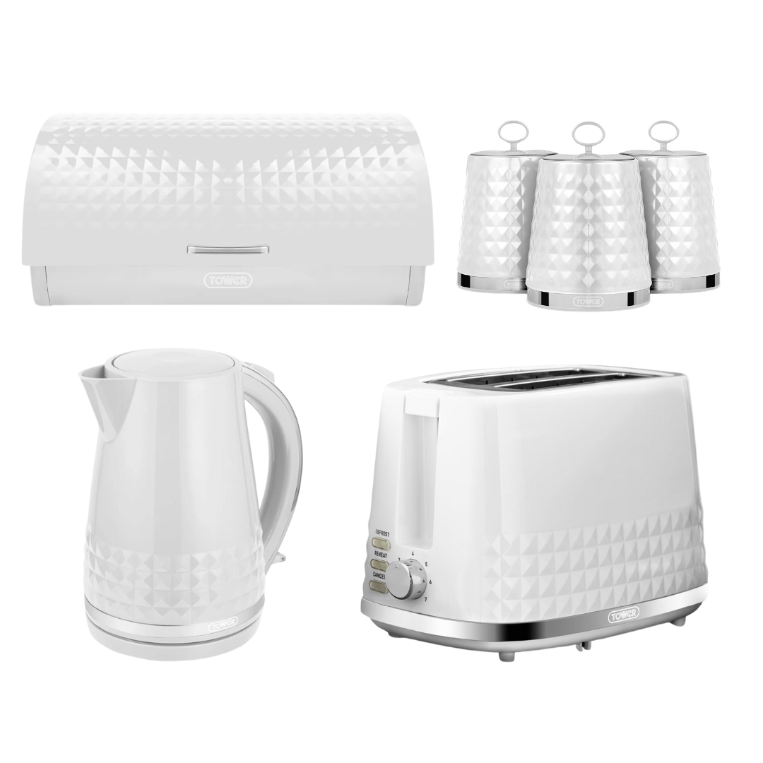 Tower Solitaire Kettle, 2 Slice Toaster, Bread Bin & Canisters Set (White)