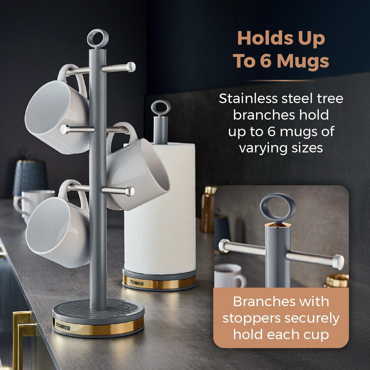 Grey mug tree and towel pole stand with cup hooks, ring tops, and round bases