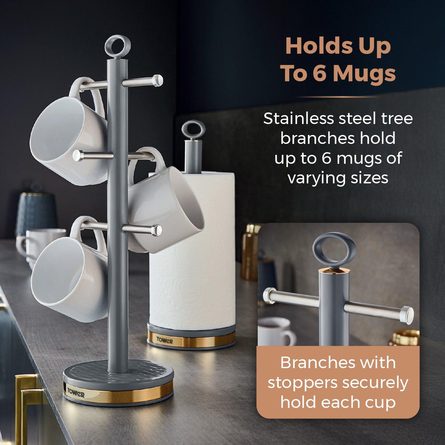 Grey mug tree and towel pole stand with cup hooks, ring tops, and round bases