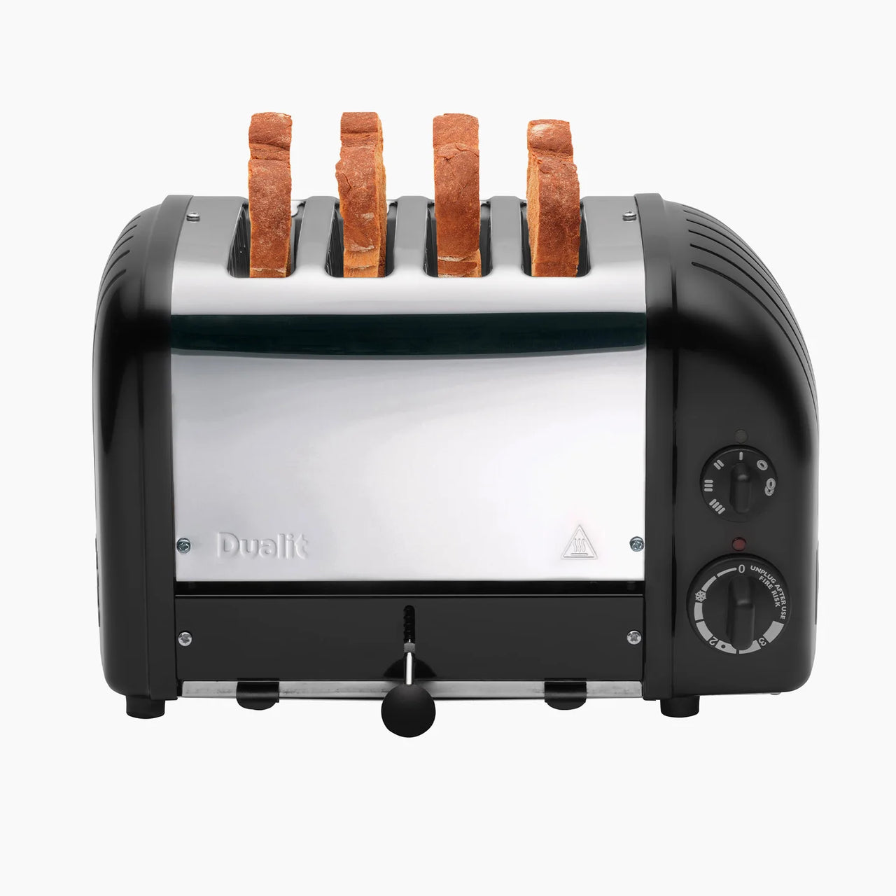 Matte black 4-slice toaster with side controls and bread slots, showing four browning peaks.