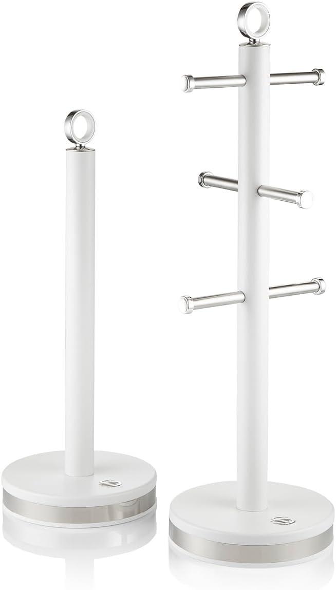 White freestanding mug tree and towel pole with three horizontal bars and round bases