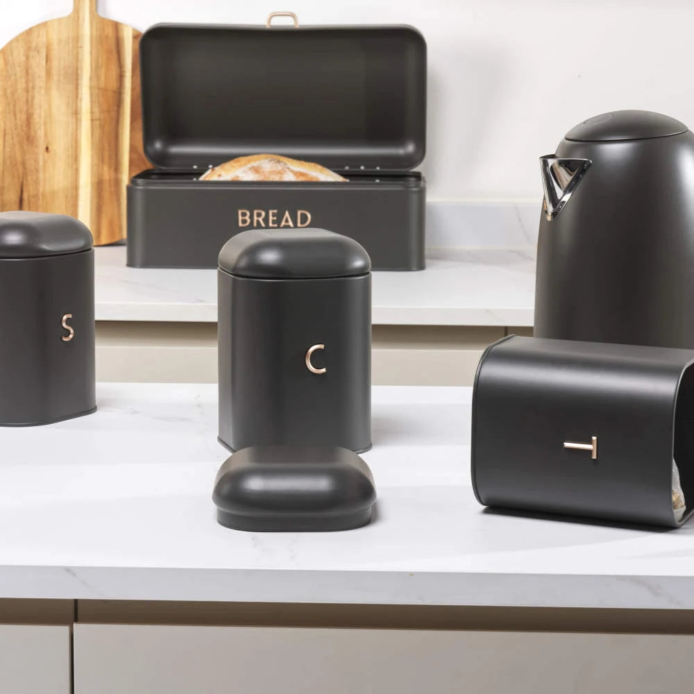 Salter Salter Pebble Bread Bin & Tea, Coffee, Sugar Canisters Storage Set (Charcoal)