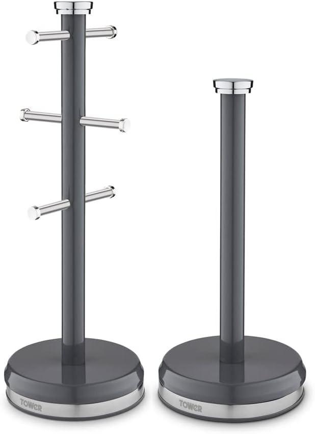 Two graphite grey mug tree and towel pole stands with round weighted bases