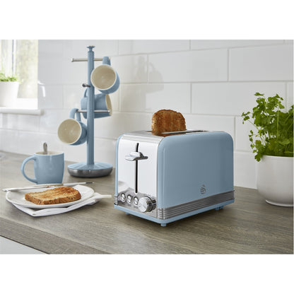 Swan Retro Kettle, 2 Slice Toaster, Bread Bin, Canisters, Mug Tree & Towel Pole Kitchen Set (Blue)