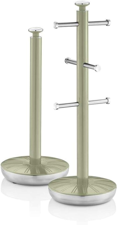 Green towel pole and mug tree with three hook bars and round weighted bases