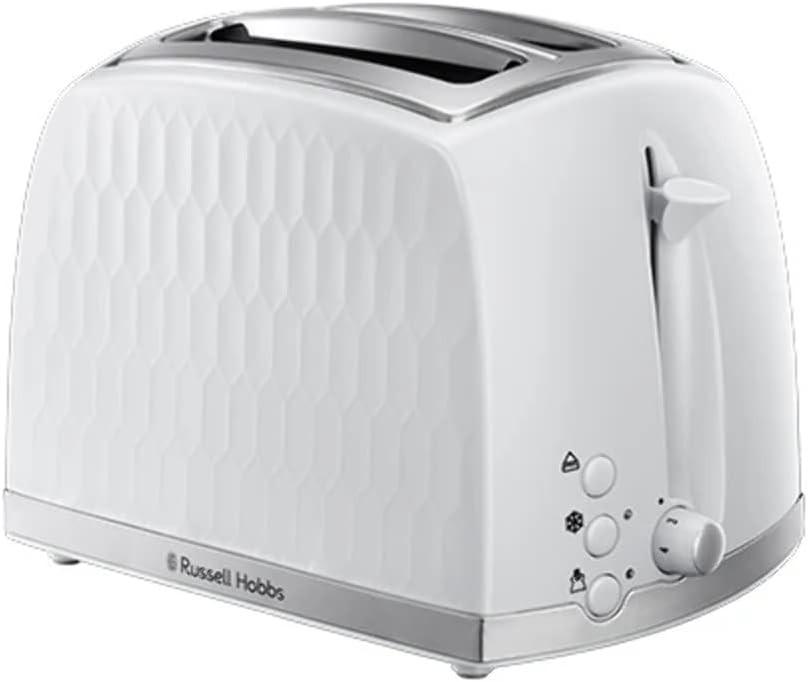 White honeycomb textured 2-slice toaster with side lever and control dials