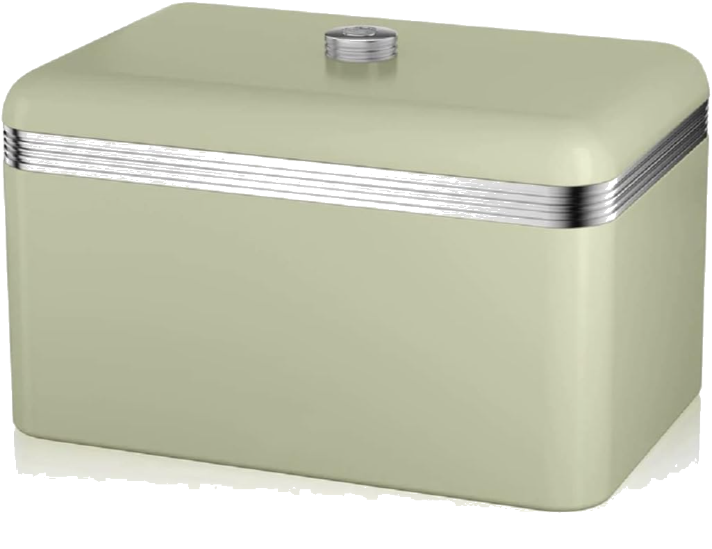 Green retro bread storage bin with silver-striped lid and round metal knob