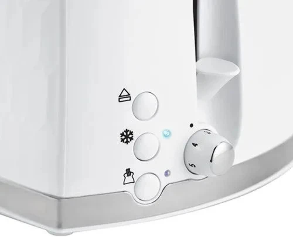 White 2-slice toaster control panel with three rotary settings and dial