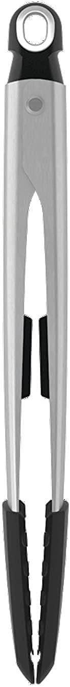 Kitchen tong tool with gray handle and black finger grips