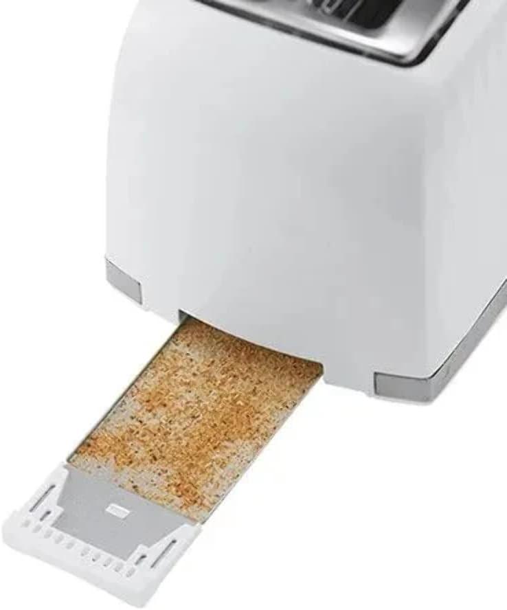 White toaster with one bread slice in slot, showing crumb tray