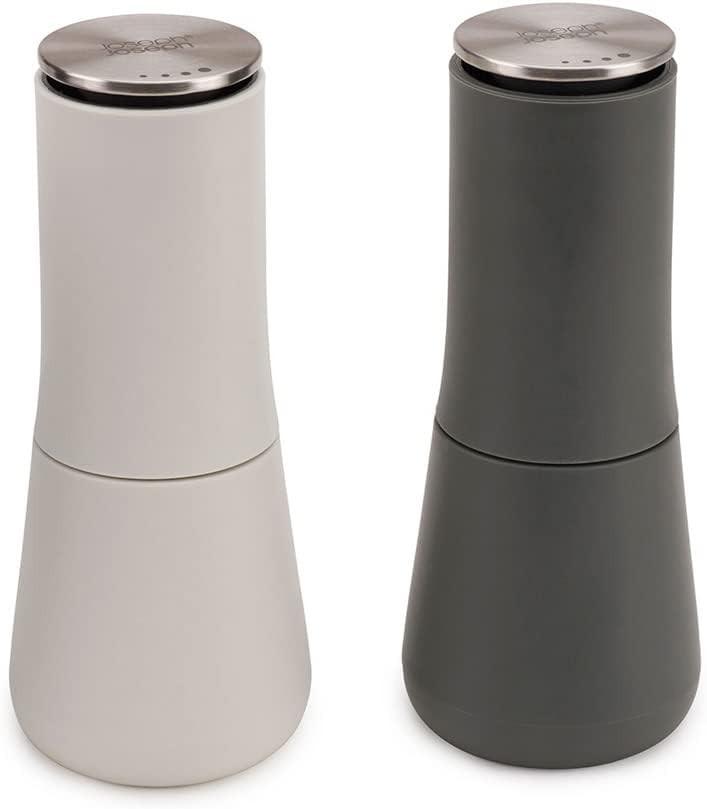 Non-spill salt and pepper mills set, matte white and dark grey with stainless tops