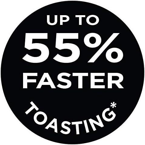 Faster toasting feature badge on a black circular graphic