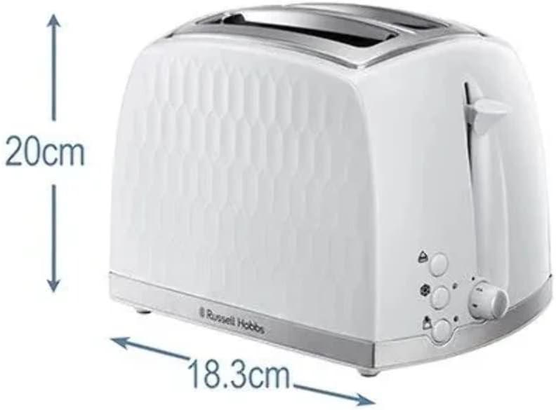 White textured 2-slice toaster front view with size indicators