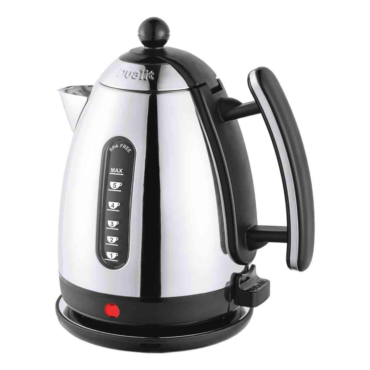 Electric kettle with silver body, black handle, and water-level markings