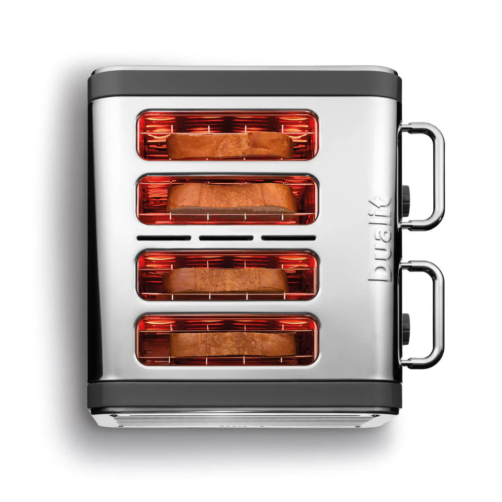 Dualit Architect 4-slice toaster, front view with four heating elements glowing