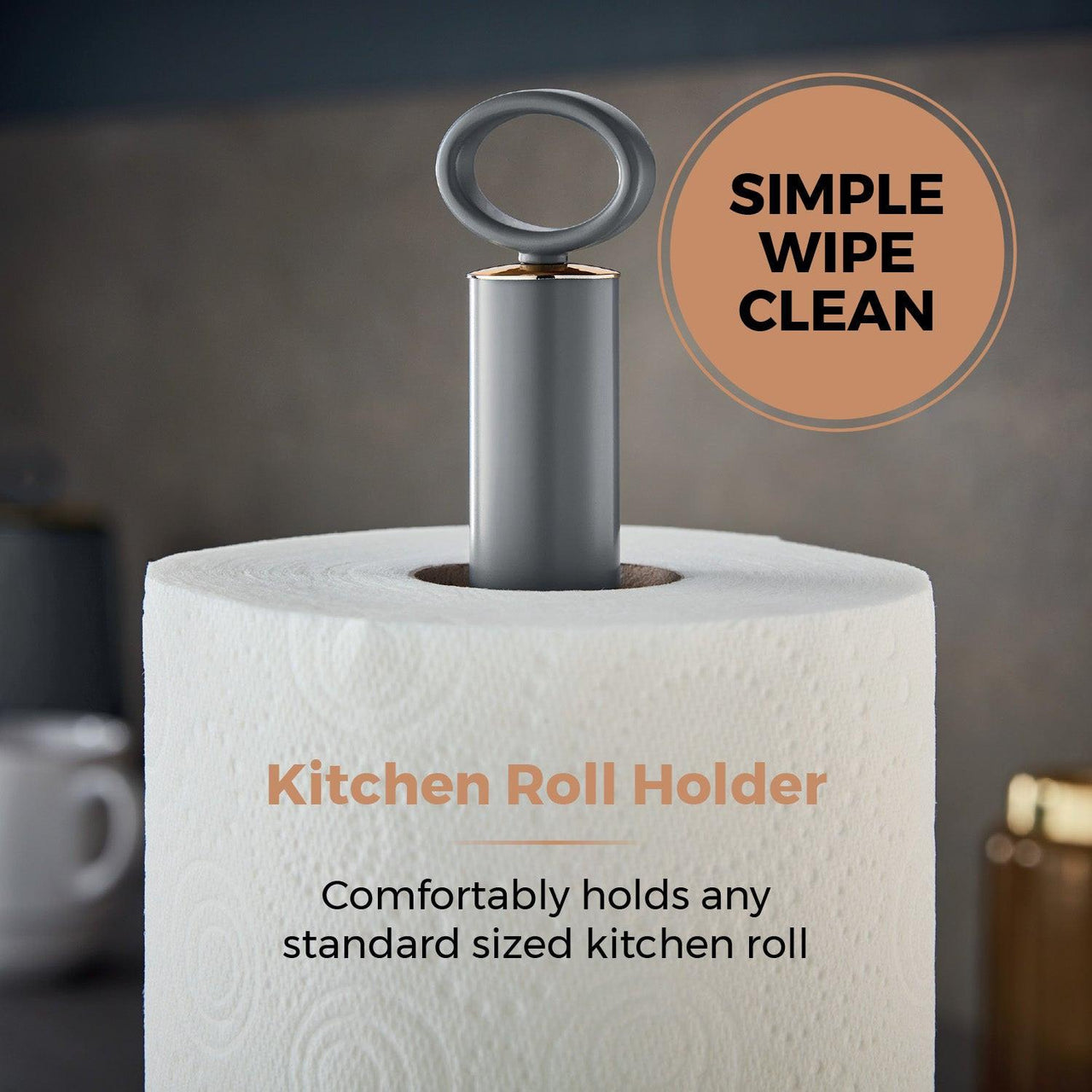 Grey towel pole kitchen roll holder with ring handle on top