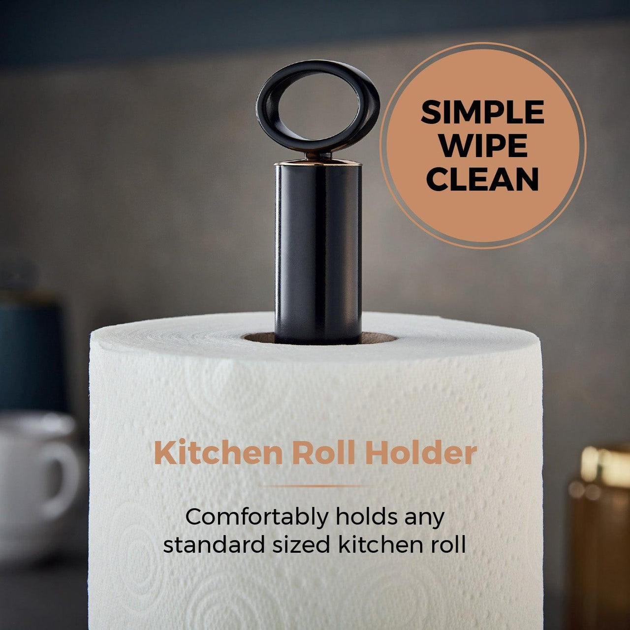 Black towel roll holder with steel post and ring top on paper towel roll