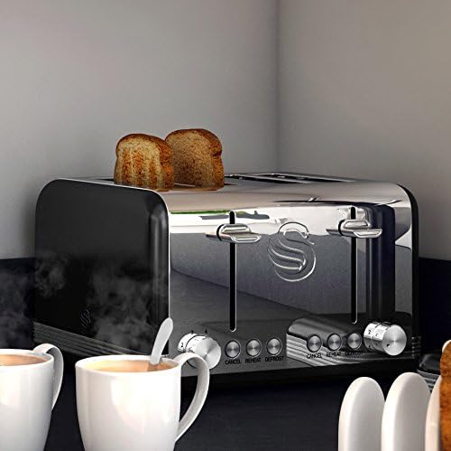 Swan Black 4 Slice Toaster Wide Slots Stainless Steel Retro Black ST19020BN