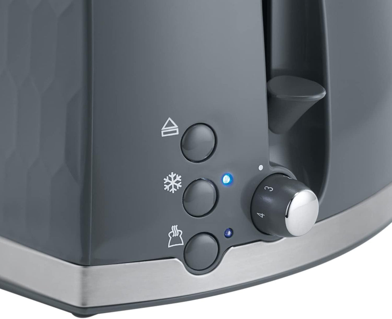 Grey toaster control panel with buttons and browning dial