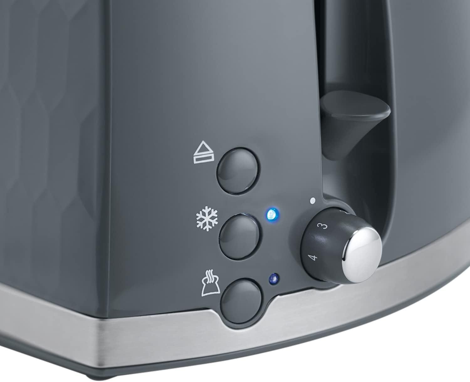 Grey toaster control panel with buttons and browning dial