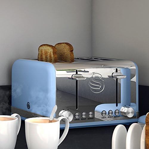 Swan Blue 4 Slice Toaster Wide Slots Retro Stainless Steel ST19020BLN