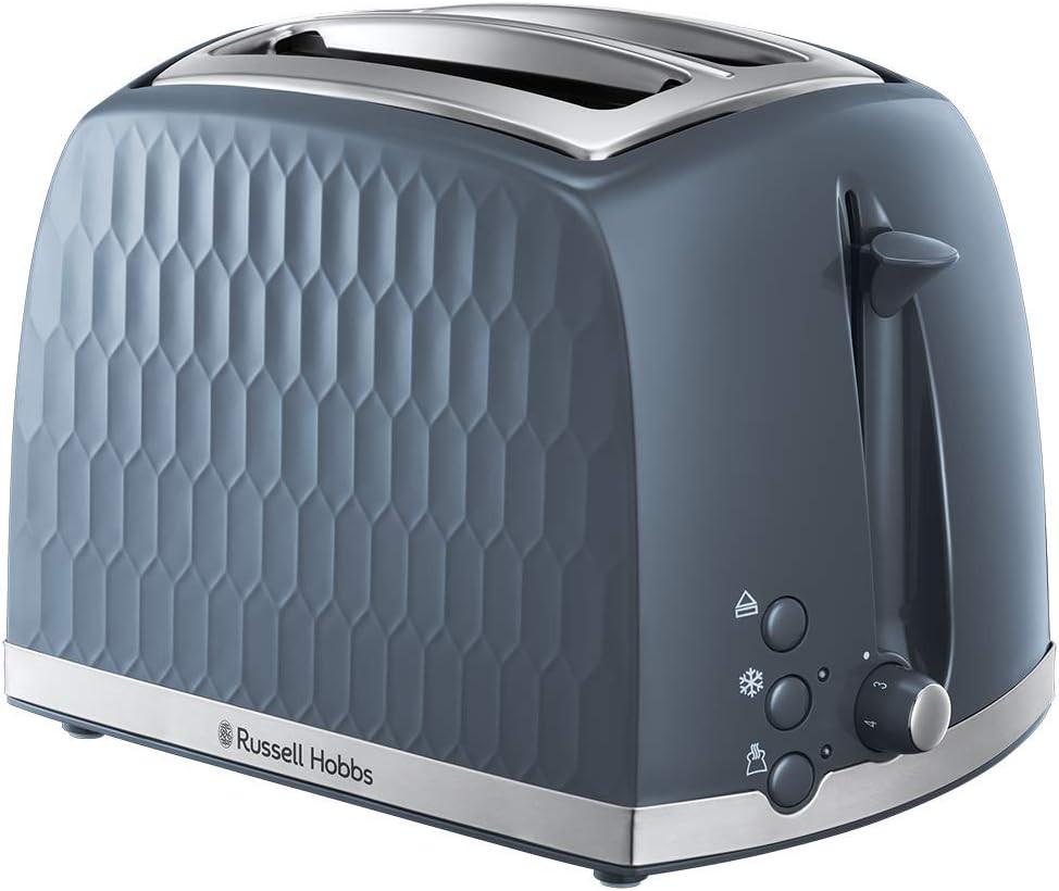 Grey 2-slice honeycomb toaster with lift lever and front control panel