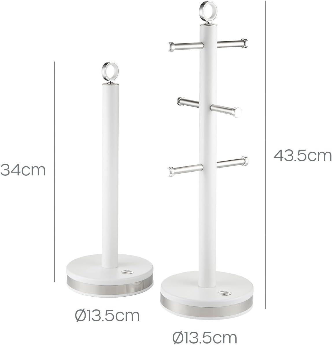 White mug tree and towel pole set shown with height and base size measurements