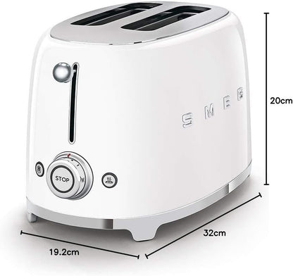 SMEG White 2 Slice Toaster Retro Style Wide Slots Modern TSF01WHUK