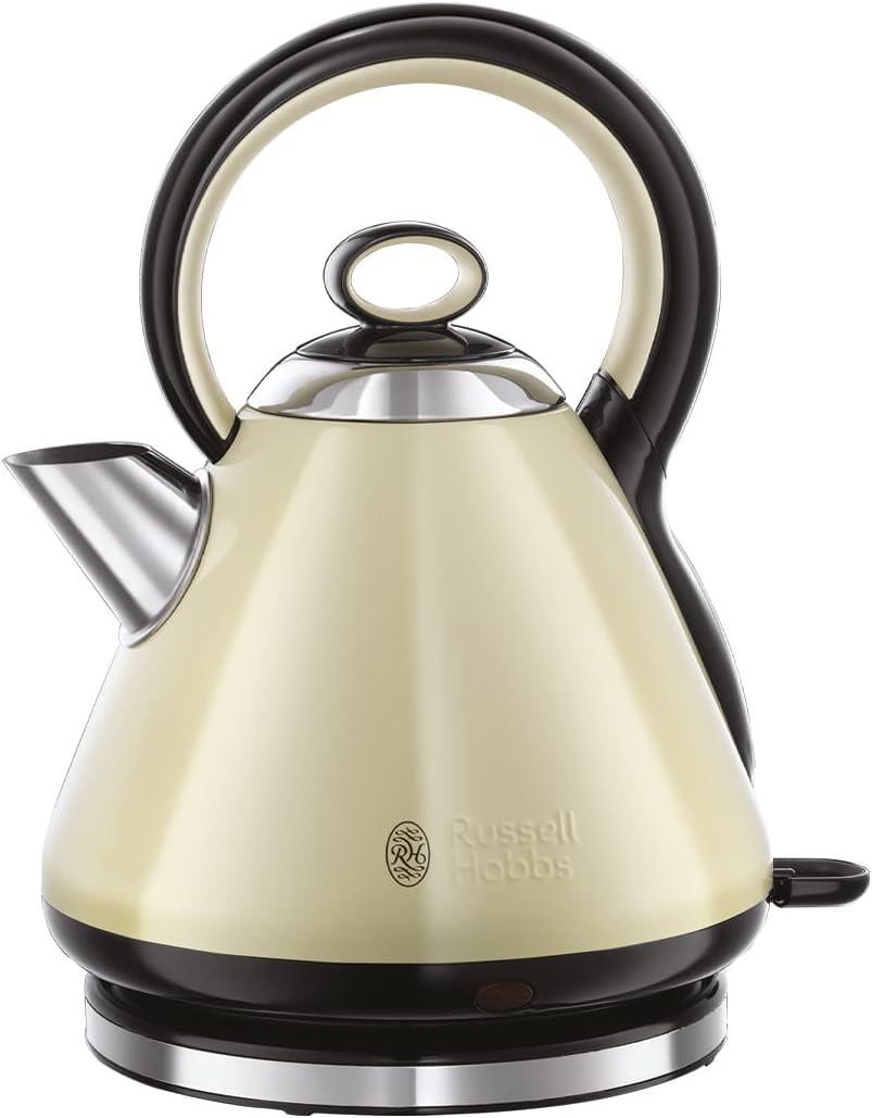 Cream electric pyramid kettle with stainless steel lid and black handle