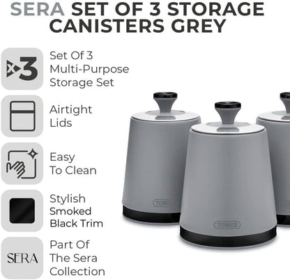 Tower Sera Kettle, 4 Slice Toaster & Canisters Kitchen Set (Grey)