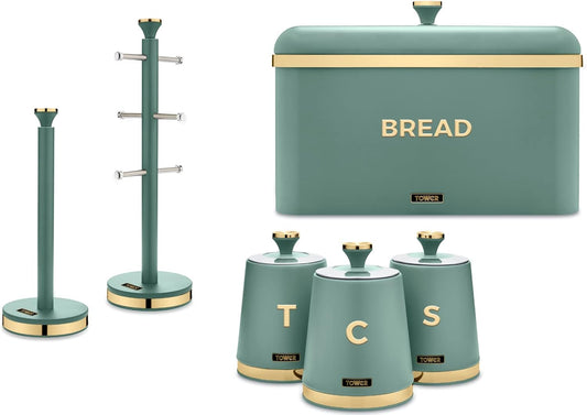 Tower Cavaletto Jade Green Bread Bin, Canisters Towel Pole Mug Tree Kitchen Set