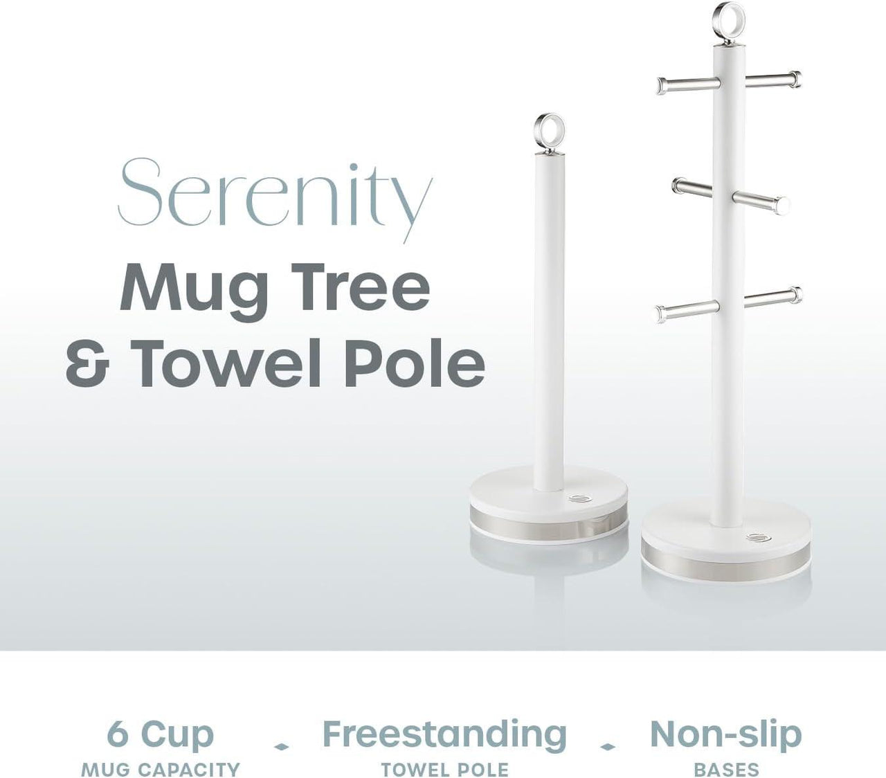 White freestanding mug tree and towel pole set with cup rings and round pedestal bases