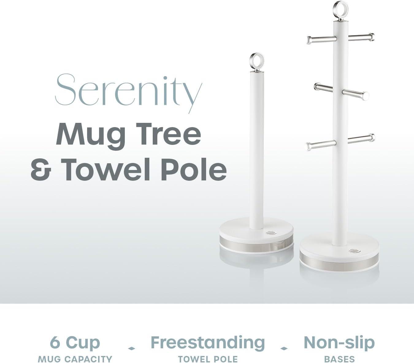 White freestanding mug tree and towel pole set with cup rings and round pedestal bases