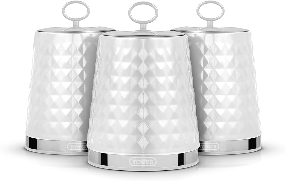 Tower Set of 3 Canisters - Stainless Steel - White & Silver Accents - Model T826207WHT