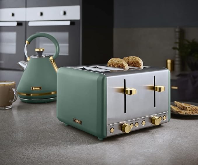 Tower Cavaletto Jade Green 5pc Kitchen Set Pyramid Kettle 4 Slice Toaster Canisters