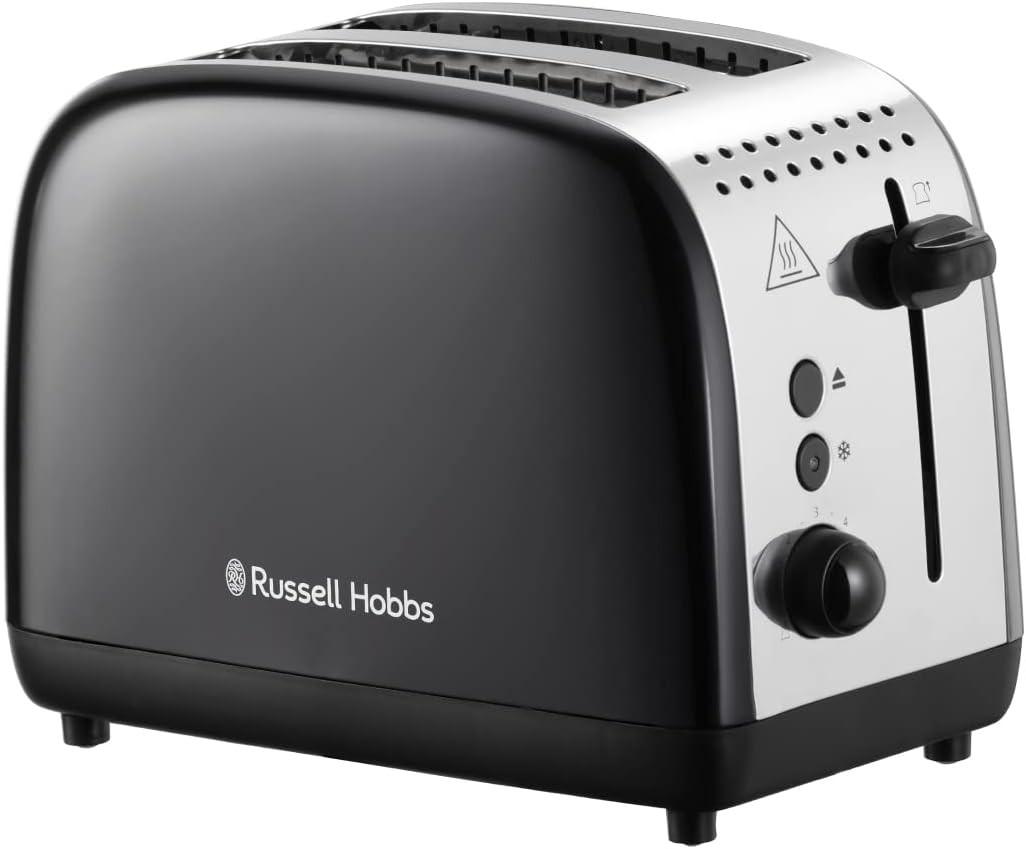 Black 2-slice toaster with brushed metal top and control dial panel