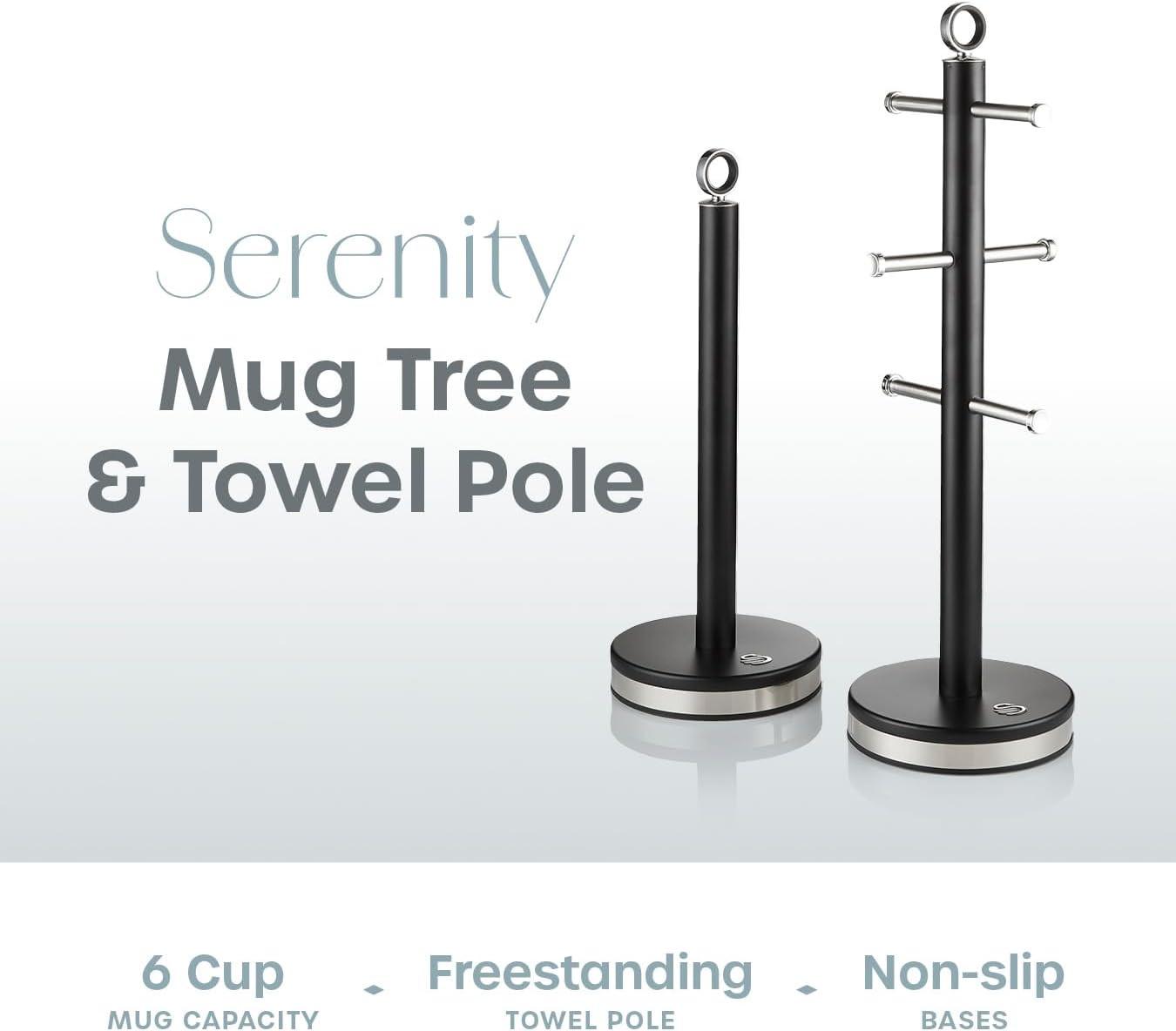 Black mug tree and towel pole with chrome ring tops and three-tier towel hooks
