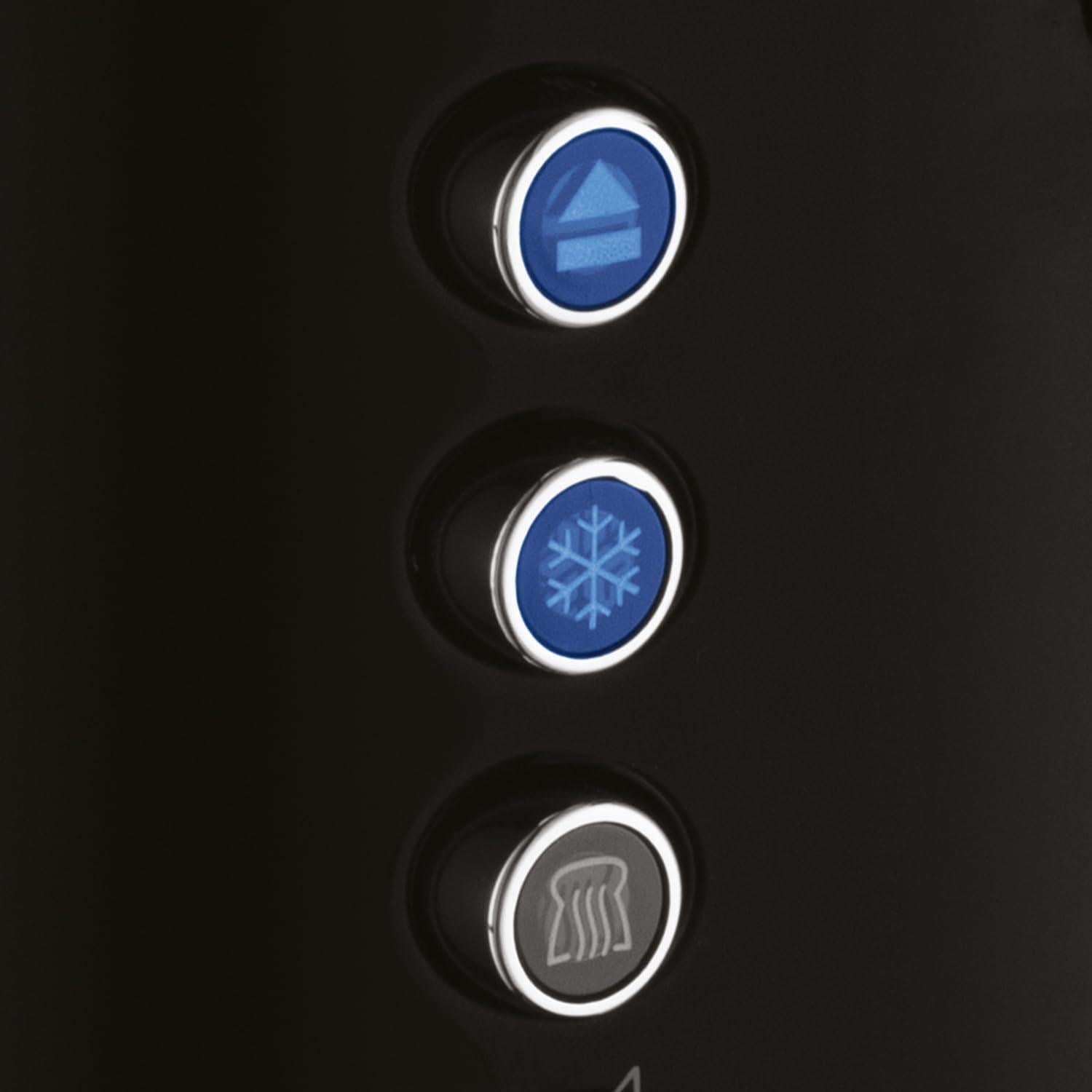Black toaster control buttons with blue menu icons for toast functions